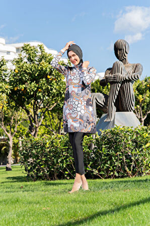 MİRATES SİYAH ŞAL DESEN BALIKÇI YAKA MİCRO (ESNEK VE ÇABUK KURUYAN) KUMAŞ TESETTÜR MAYO