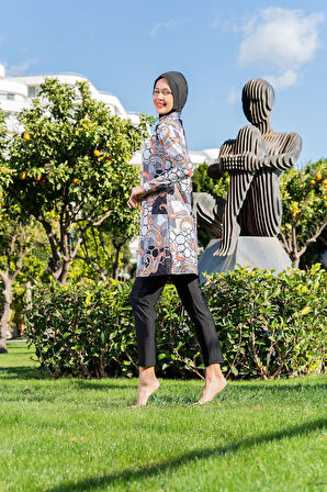 MİRATES SİYAH ŞAL DESEN BALIKÇI YAKA MİCRO (ESNEK VE ÇABUK KURUYAN) KUMAŞ TESETTÜR MAYO