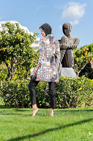 MİRATES SİYAH ŞAL DESEN BALIKÇI YAKA MİCRO (ESNEK VE ÇABUK KURUYAN) KUMAŞ TESETTÜR MAYO