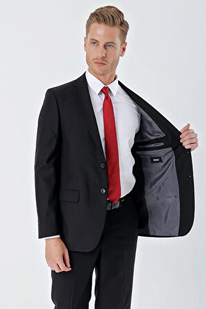 Siyah Düz Gabardin Mono Yaka 2 Düğme 6 Drop Comfort Fit Basic Takım Elbise 1001250010_001