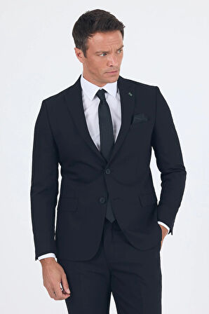 Siyah Düz Gabardin Kılıç Yaka 2 Düğme Pamuklu 6 Drop Slim Fit Basic Takım Elbise 1001250011_001