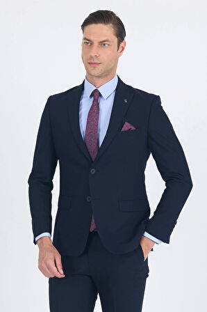 Lacivert Düz Gabardin Kılıç Yaka 2 Düğme Pamuklu 6 Drop Slim Fit Basic Takım Elbise 1001250011_206