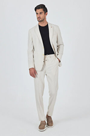 Açık Bej Gofreli Mono Yaka Esnek 6 Drop Slim Fit Classic Takım Elbise 1001250117