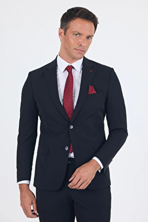 Siyah Mono Yaka Yarım Astar 6 Drop Slim Fit   Beli Lastikli Takım Elbise 1001250121