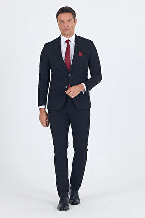 Siyah Mono Yaka Yarım Astar 6 Drop Slim Fit   Beli Lastikli Takım Elbise 1001250121