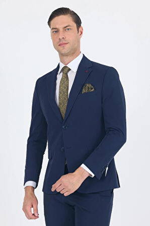 Lacivert Mono Yaka Yarım Astar 6 Drop Slim Fit   Beli Lastikli Takım Elbise 1001250121