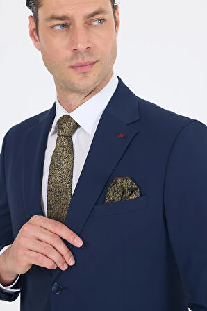 Lacivert Mono Yaka Yarım Astar 6 Drop Slim Fit   Beli Lastikli Takım Elbise 1001250121