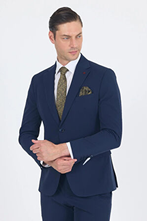 Lacivert Mono Yaka Yarım Astar 6 Drop Slim Fit   Beli Lastikli Takım Elbise 1001250121