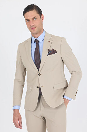 Bej Mono Yaka Yarım Astar 6 Drop Slim Fit   Beli Lastikli Takım Elbise 1001250121