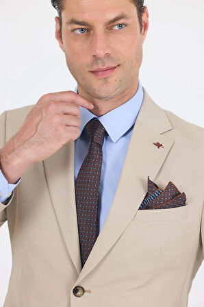 Bej Mono Yaka Yarım Astar 6 Drop Slim Fit   Beli Lastikli Takım Elbise 1001250121