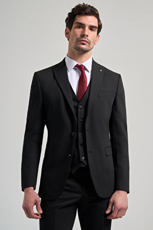 Siyah Kılıç Yaka Kendinden Desenli 2 Düğme Classic Esnek Slim Fit Takım Elbise 1001250156