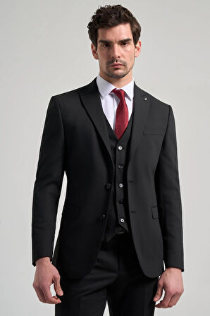 Siyah Kılıç Yaka Kendinden Desenli 2 Düğme Classic Esnek Slim Fit Takım Elbise 1001250156
