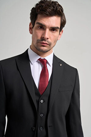 Siyah Kılıç Yaka Kendinden Desenli 2 Düğme Classic Esnek Slim Fit Takım Elbise 1001250156