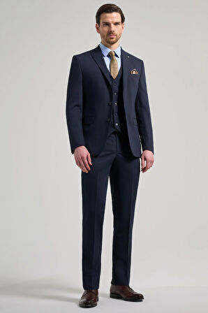 Koyu Lacivert Kılıç Yaka Kendinden Desenli 2 Düğme Classic Esnek Slim Fit Takım Elbise 1001250156