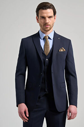 Koyu Lacivert Kılıç Yaka Kendinden Desenli 2 Düğme Classic Esnek Slim Fit Takım Elbise 1001250156