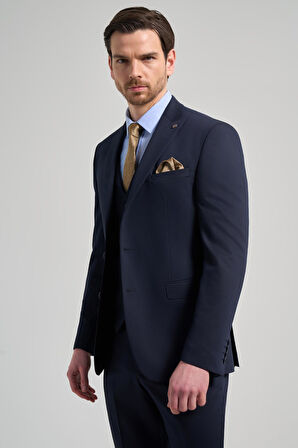 Koyu Lacivert Kılıç Yaka Kendinden Desenli 2 Düğme Classic Esnek Slim Fit Takım Elbise 1001250156