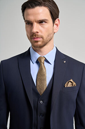 Koyu Lacivert Kılıç Yaka Kendinden Desenli 2 Düğme Classic Esnek Slim Fit Takım Elbise 1001250156