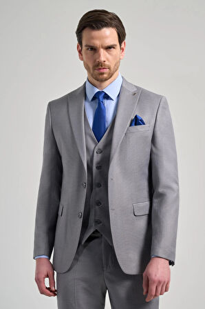 Gri Kılıç Yaka Kendinden Desenli 2 Düğme Classic Esnek Slim Fit Takım Elbise 1001250157