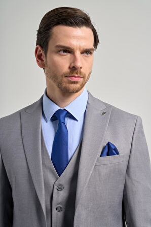 Gri Kılıç Yaka Kendinden Desenli 2 Düğme Classic Esnek Slim Fit Takım Elbise 1001250157