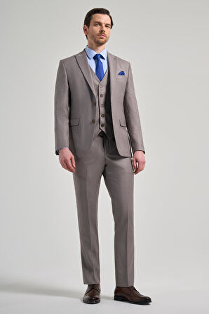 Koyu Vizon Kılıç Yaka Kendinden Desenli 2 Düğme Classic Esnek Slim Fit Takım Elbise 1001250157