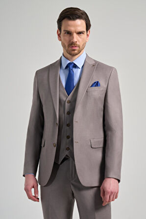 Koyu Vizon Kılıç Yaka Kendinden Desenli 2 Düğme Classic Esnek Slim Fit Takım Elbise 1001250157