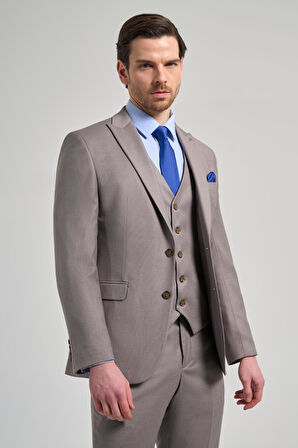 Koyu Vizon Kılıç Yaka Kendinden Desenli 2 Düğme Classic Esnek Slim Fit Takım Elbise 1001250157