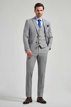 Gri Kılıç Yaka Çizgili Desen 2 Düğme Classic Esnek Slim Fit Takım Elbise 1001250158