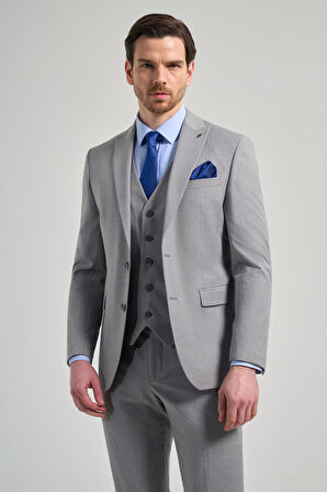 Gri Kılıç Yaka Çizgili Desen 2 Düğme Classic Esnek Slim Fit Takım Elbise 1001250158