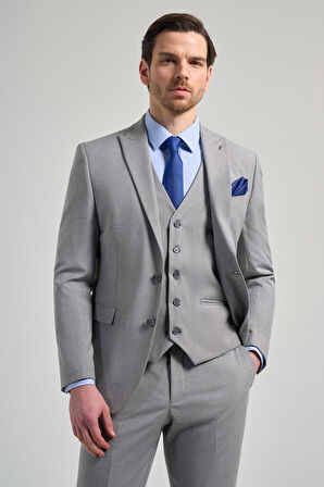 Gri Kılıç Yaka Çizgili Desen 2 Düğme Classic Esnek Slim Fit Takım Elbise 1001250158
