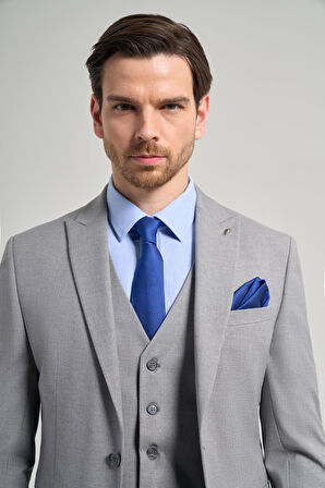 Gri Kılıç Yaka Çizgili Desen 2 Düğme Classic Esnek Slim Fit Takım Elbise 1001250158