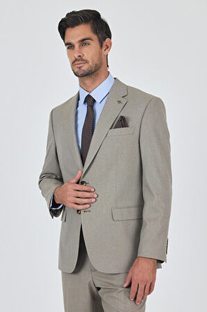 Koyu Bej Mono Yaka Astarlı Çift Yırtmaç Esnek 4 Drop Comfort Fit Classic Takım Elbise 1001250160