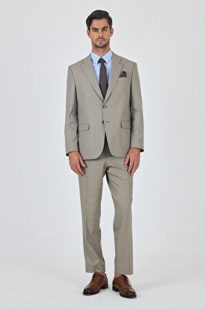 Koyu Bej Mono Yaka Astarlı Çift Yırtmaç Esnek 4 Drop Comfort Fit Classic Takım Elbise 1001250160