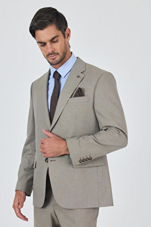 Koyu Bej Mono Yaka Astarlı Çift Yırtmaç Esnek 4 Drop Comfort Fit Classic Takım Elbise 1001250160