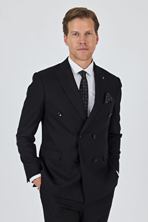 Siyah Kılıç Yaka Düz Kruvaze Classic Esnek Slim Fit Takım Elbise 1001250172