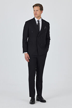 Siyah Kılıç Yaka Düz Kruvaze Classic Esnek Slim Fit Takım Elbise 1001250172