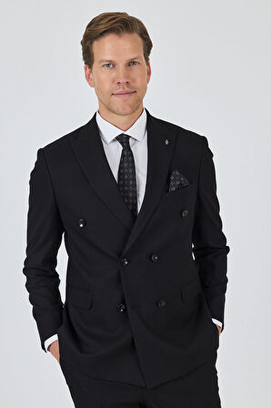 Siyah Kılıç Yaka Düz Kruvaze Classic Esnek Slim Fit Takım Elbise 1001250172