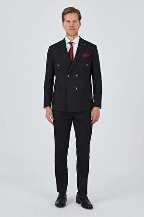 Siyah Kılıç Yaka Çizgili Desen Kruvaze Classic Esnek Slim Fit Takım Elbise 1001250173