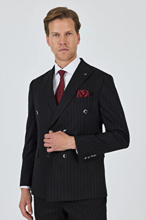 Siyah Kılıç Yaka Çizgili Desen Kruvaze Classic Esnek Slim Fit Takım Elbise 1001250173