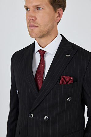 Siyah Kılıç Yaka Çizgili Desen Kruvaze Classic Esnek Slim Fit Takım Elbise 1001250173