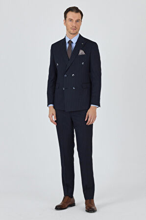 Koyu Lacivert Kılıç Yaka Çizgili Desen Kruvaze Classic Esnek Slim Fit Takım Elbise 1001250173