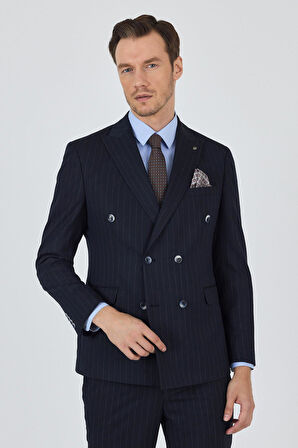 Koyu Lacivert Kılıç Yaka Çizgili Desen Kruvaze Classic Esnek Slim Fit Takım Elbise 1001250173
