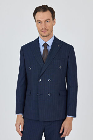 Lacivert Kılıç Yaka Çizgili Desen Kruvaze Classic Esnek Slim Fit Takım Elbise 1001250173