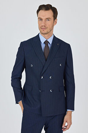 Lacivert Kılıç Yaka Çizgili Desen Kruvaze Classic Esnek Slim Fit Takım Elbise 1001250173