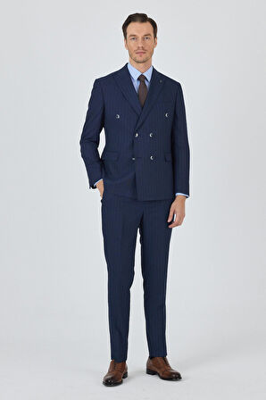 Lacivert Kılıç Yaka Çizgili Desen Kruvaze Classic Esnek Slim Fit Takım Elbise 1001250173