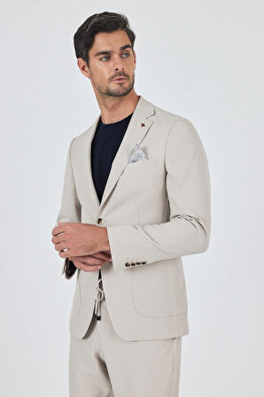Bej Mono Yaka Kendinden Desenli 2 Düğme Casual Esnek Slim Fit Takım Elbise 1001250174