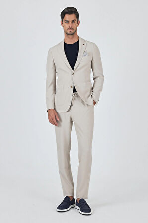 Bej Mono Yaka Kendinden Desenli 2 Düğme Casual Esnek Slim Fit Takım Elbise 1001250174