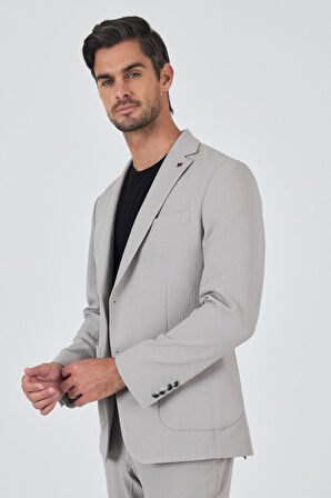 Taş Rengi Mono Yaka Kendinden Desenli 2 Düğme Casual Esnek Slim Fit Takım Elbise 1001250174