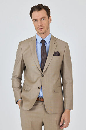 Bej Mono Yaka Düz 2 Düğme Classic Yünlü Slim Fit Takım Elbise 1001250175