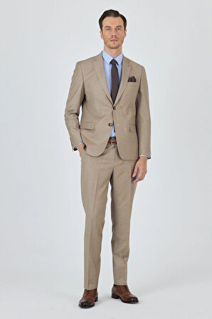 Bej Mono Yaka Düz 2 Düğme Classic Yünlü Slim Fit Takım Elbise 1001250175