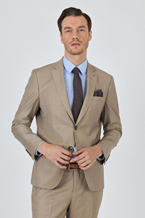 Bej Mono Yaka Düz 2 Düğme Classic Yünlü Slim Fit Takım Elbise 1001250175